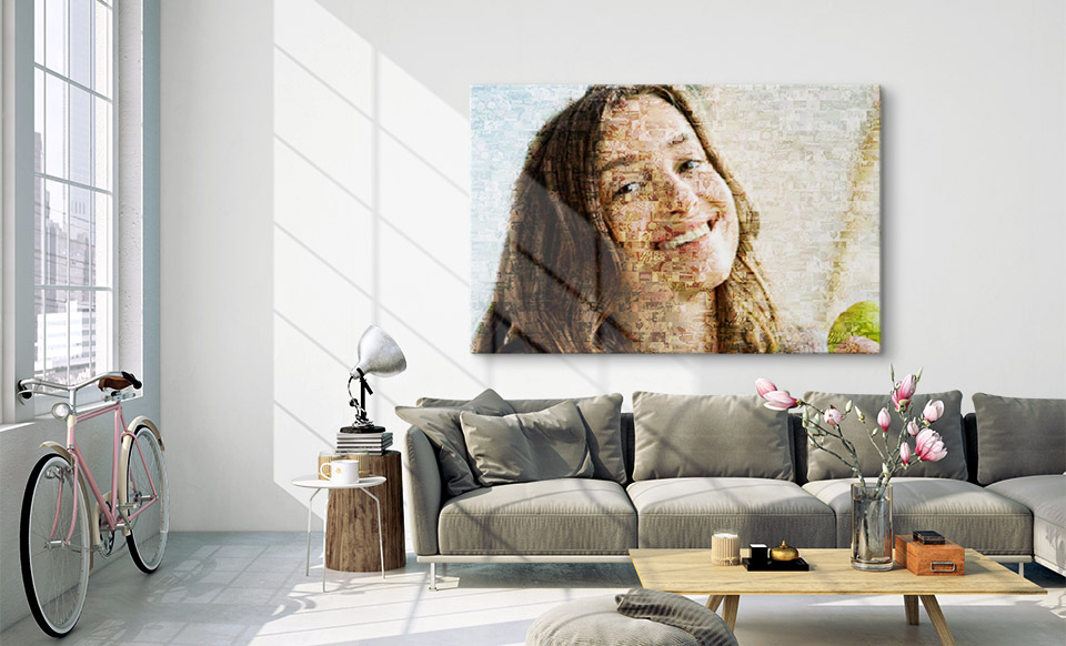 Mosaikbild zum Geburtstag über dem Sofa aufgehängt