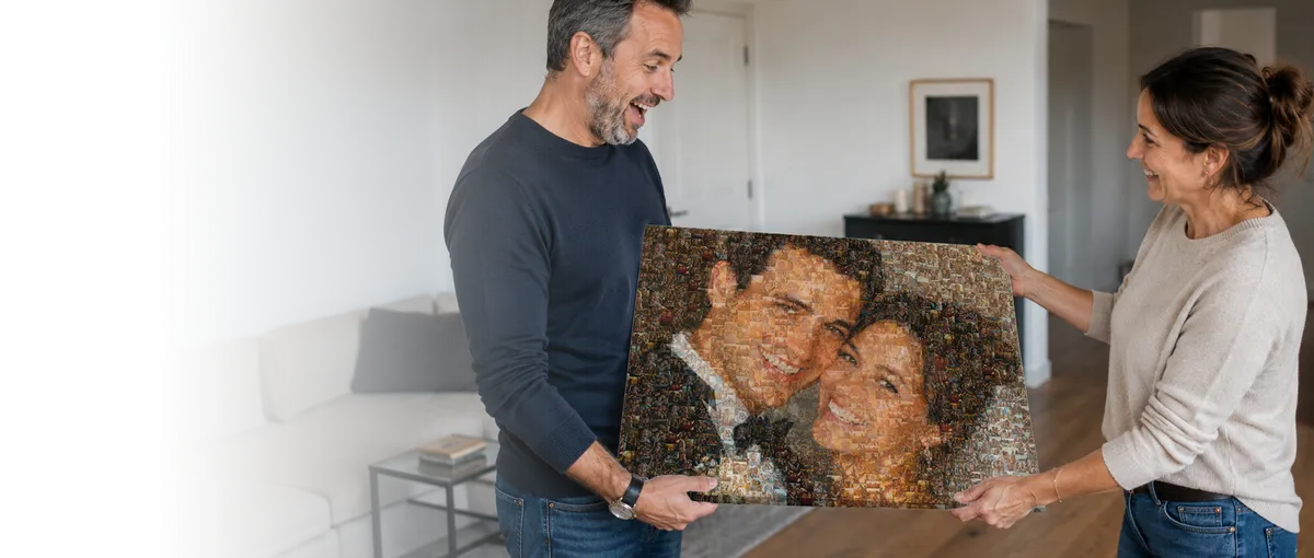 Paar hält gemeinsam eine Mosaik-Collage aus vielen kleinen Fotos