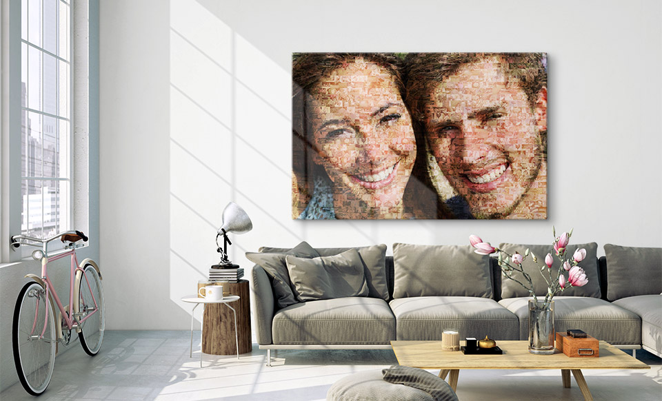 Photo Mosaik über dem Sofa
